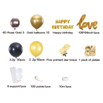 Set balonov Happy Birthday zlati in črni - 120 kosov | Rojstnodnevna dekoracija